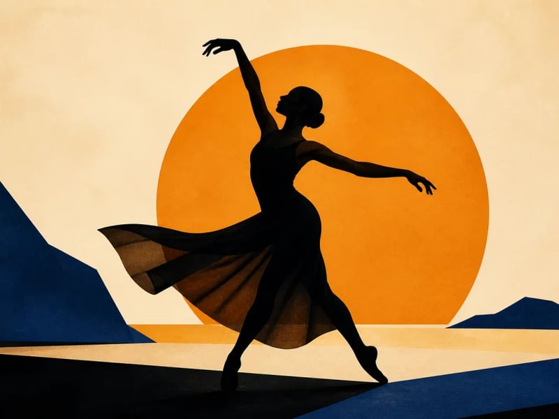 Elegant dancer silhouette posed in front of a large saffron sun