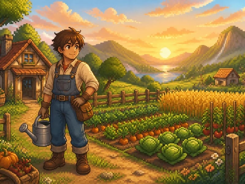 Original pixel art farmer standing in a colorful countryside garden at sunset