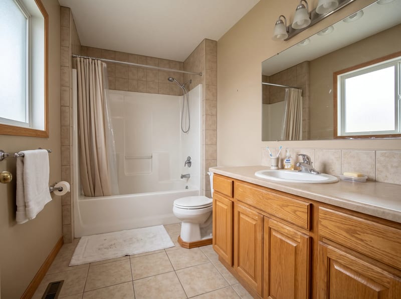 Outdated beige bathroom before an AI remodel