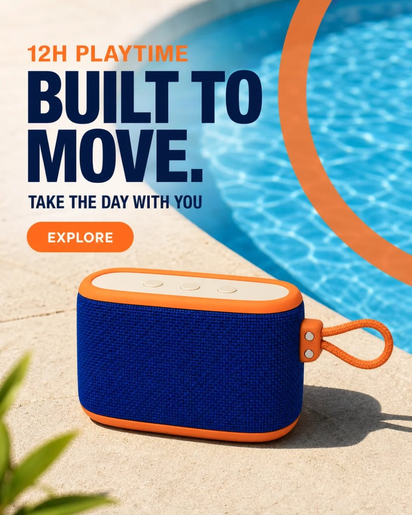 Portrait product image ad showing a portable cobalt speaker beside a pool with a 12-hour playtime message