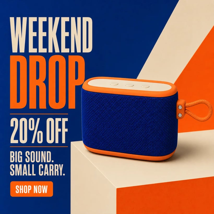 Square product image ad with a cobalt speaker, weekend drop message, 20 percent off offer, and shop now call to action