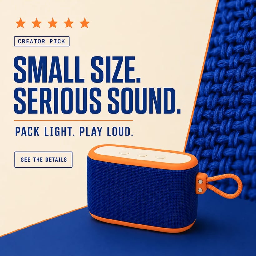 Square review-led product image ad with five stars, creator pick label, and a cobalt portable speaker