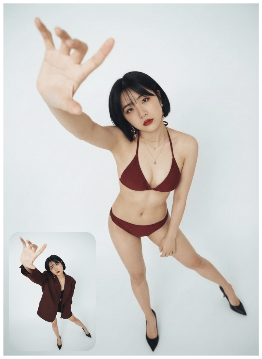 Da formale a swimwear - trasformazione con posa dinamica