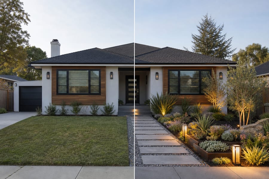 AI yard design before and after front yard landscaping preview