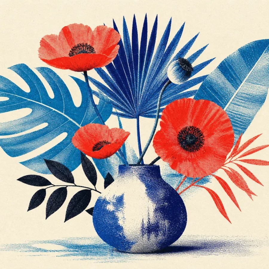 Blue and red botanical halftone illustration in a vase