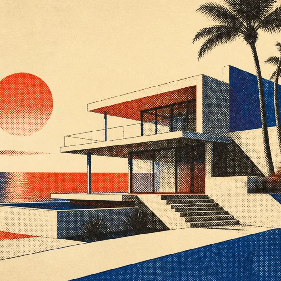 Red and blue halftone poster of a modern coastal house