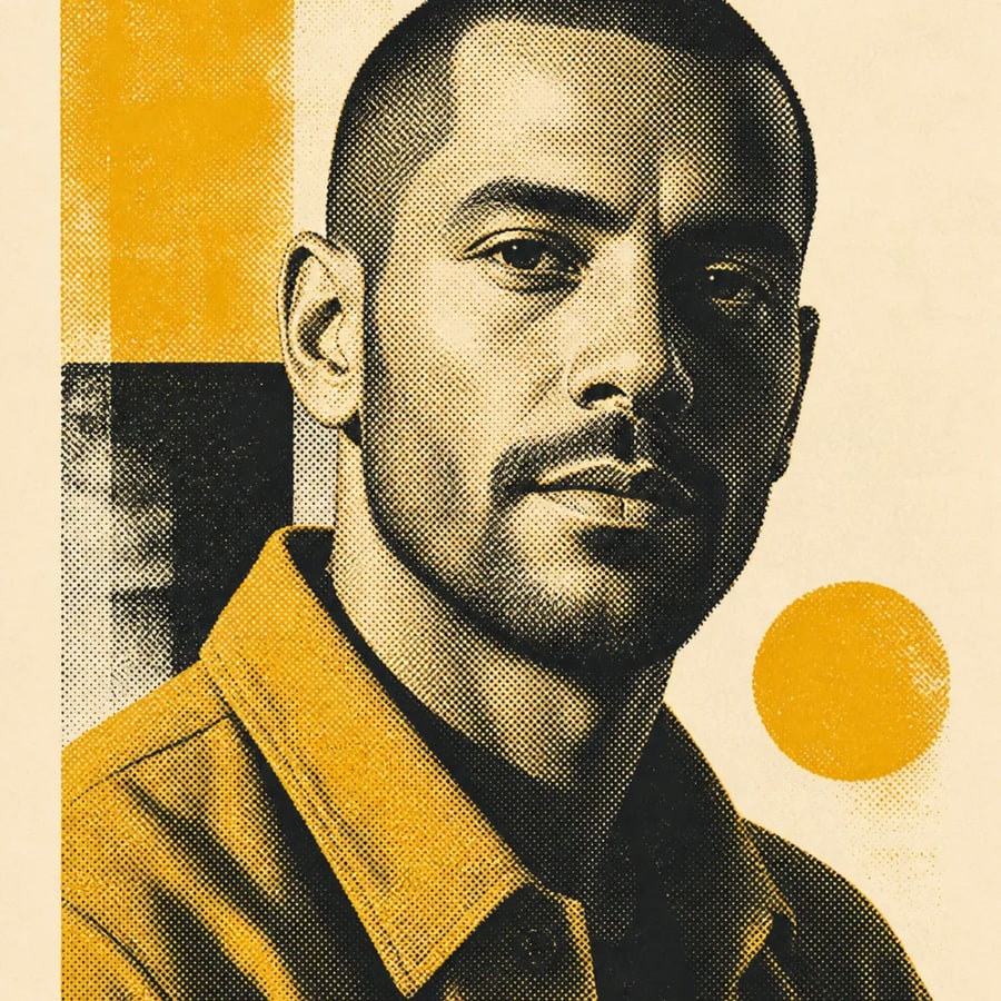 Black and yellow AI halftone portrait on warm paper
