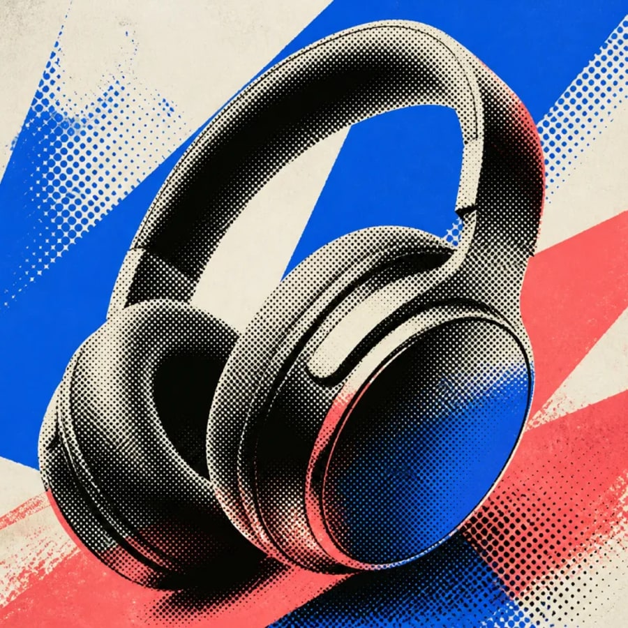 Blue coral and black halftone headphones poster