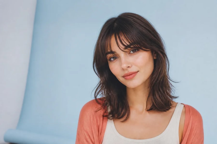 Portrait of a woman with soft curtain bangs against a blue background