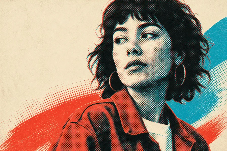 AI halftone portrait with red and cyan screen-print dots