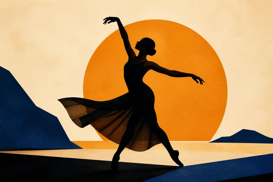 Elegant dancer silhouette posed in front of a large saffron sun