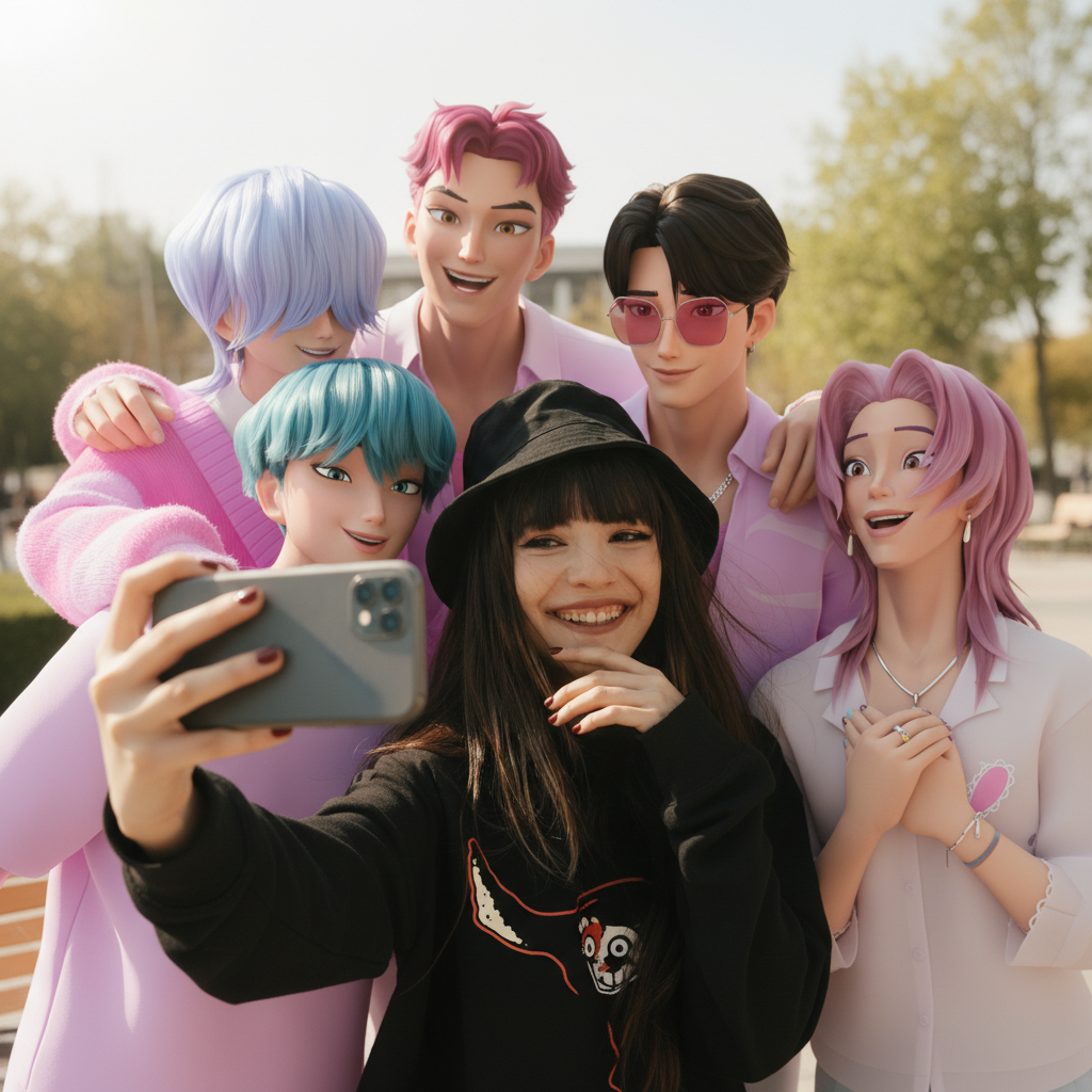KPop Demon Hunter neon street stage - User with SajiaBoys under holographic billboards