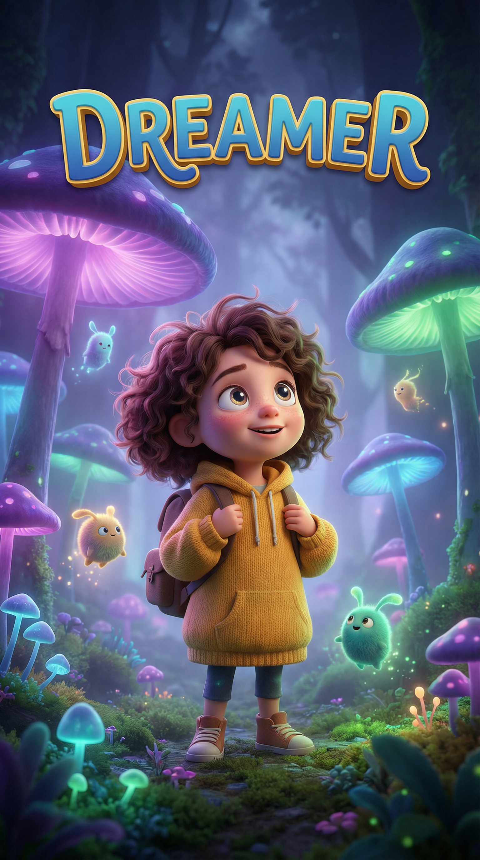 AI-generated Disney Pixar movie poster titled DREAMER featuring young girl with curly hair in yellow hoodie exploring magical glowing mushroom forest with cute fairy companions