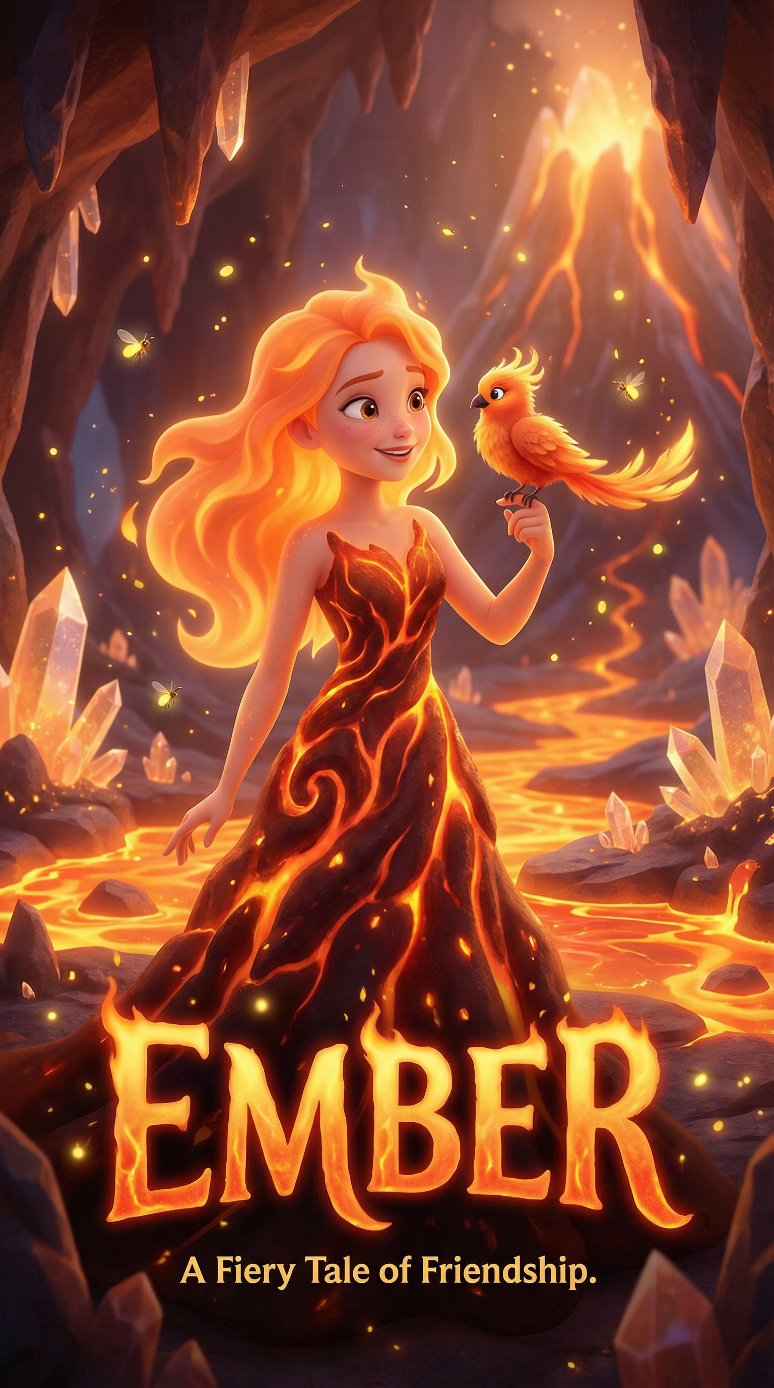 Disney Pixar style movie poster titled EMBER - A Fiery Tale of Friendship showing girl with flowing flame hair in lava dress with phoenix bird companion in glowing crystal cave