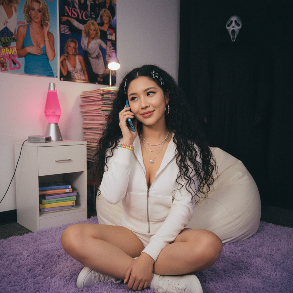 Woman creating Ghostface AI trend photo with pink satin bedroom and vintage phone