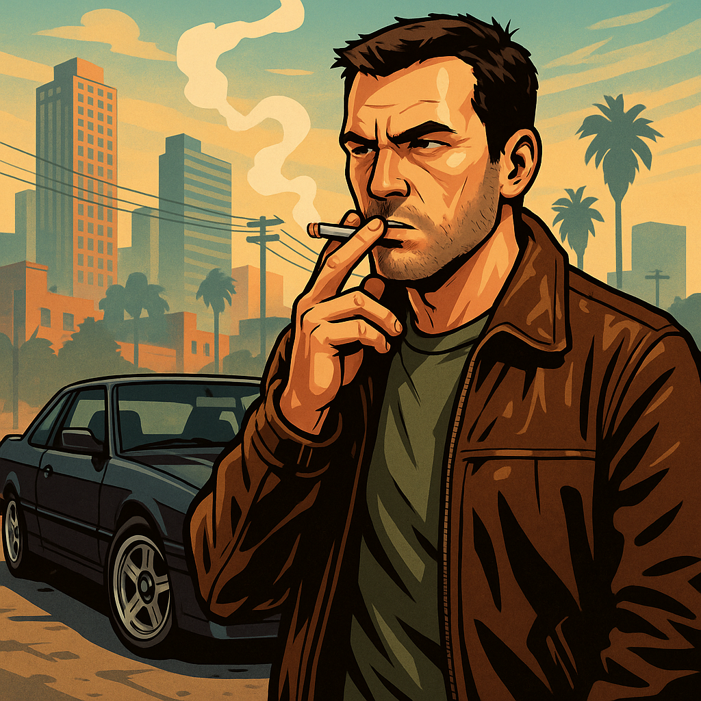 Character with city backdrop, car silhouette, and dusk palette