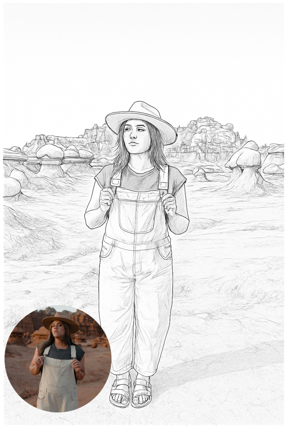 Landscape photo transformed into line drawing art