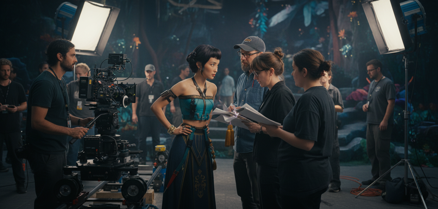 Live action film set with actor and crew