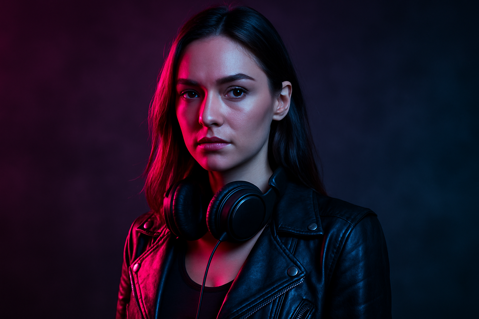 Electronic DJ promo portrait with neon club lighting