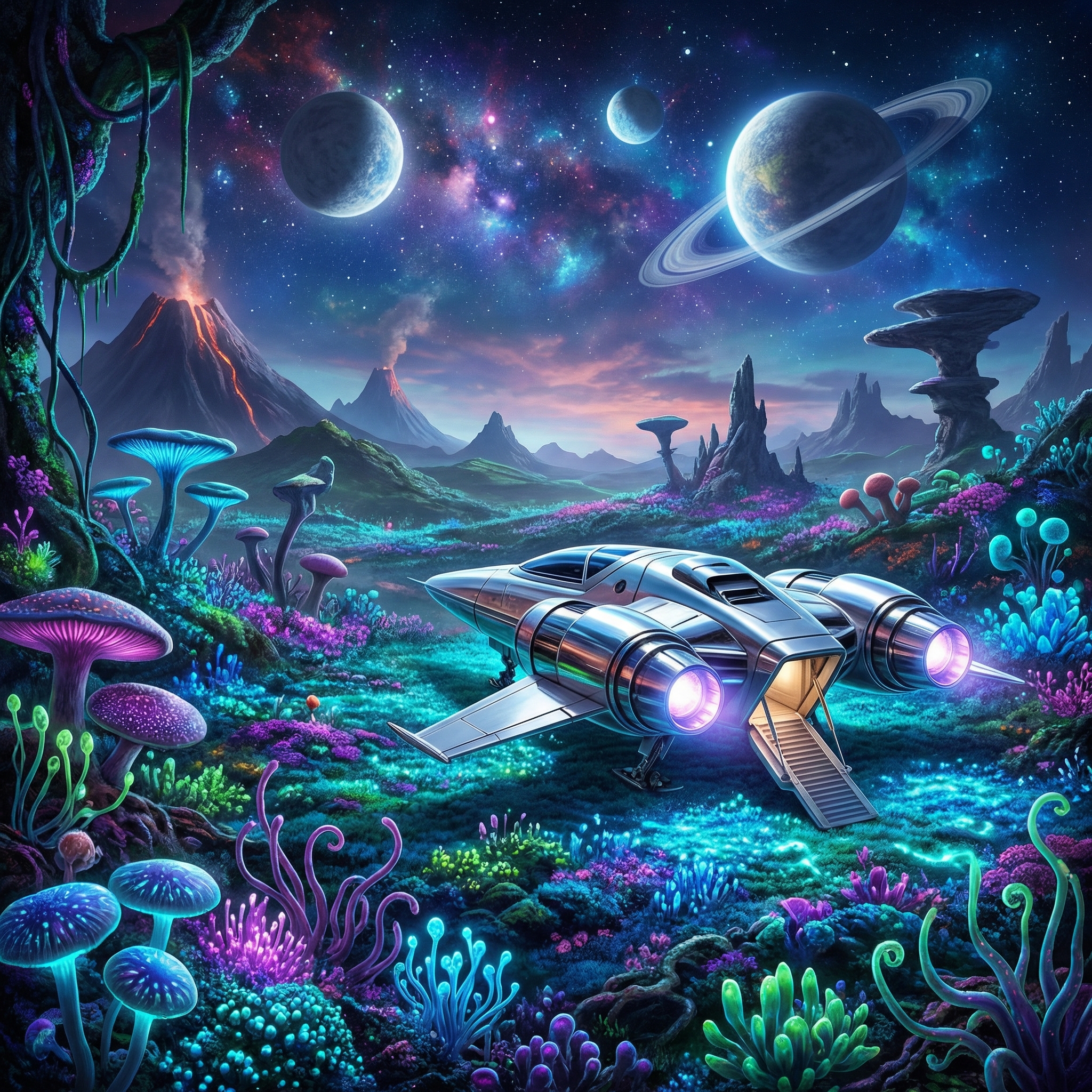 Hyper-realistic sci-fi landscape of vibrant alien planet with multiple moons in sky, ground covered in bioluminescent glowing flora, sleek futuristic starship landed in foreground