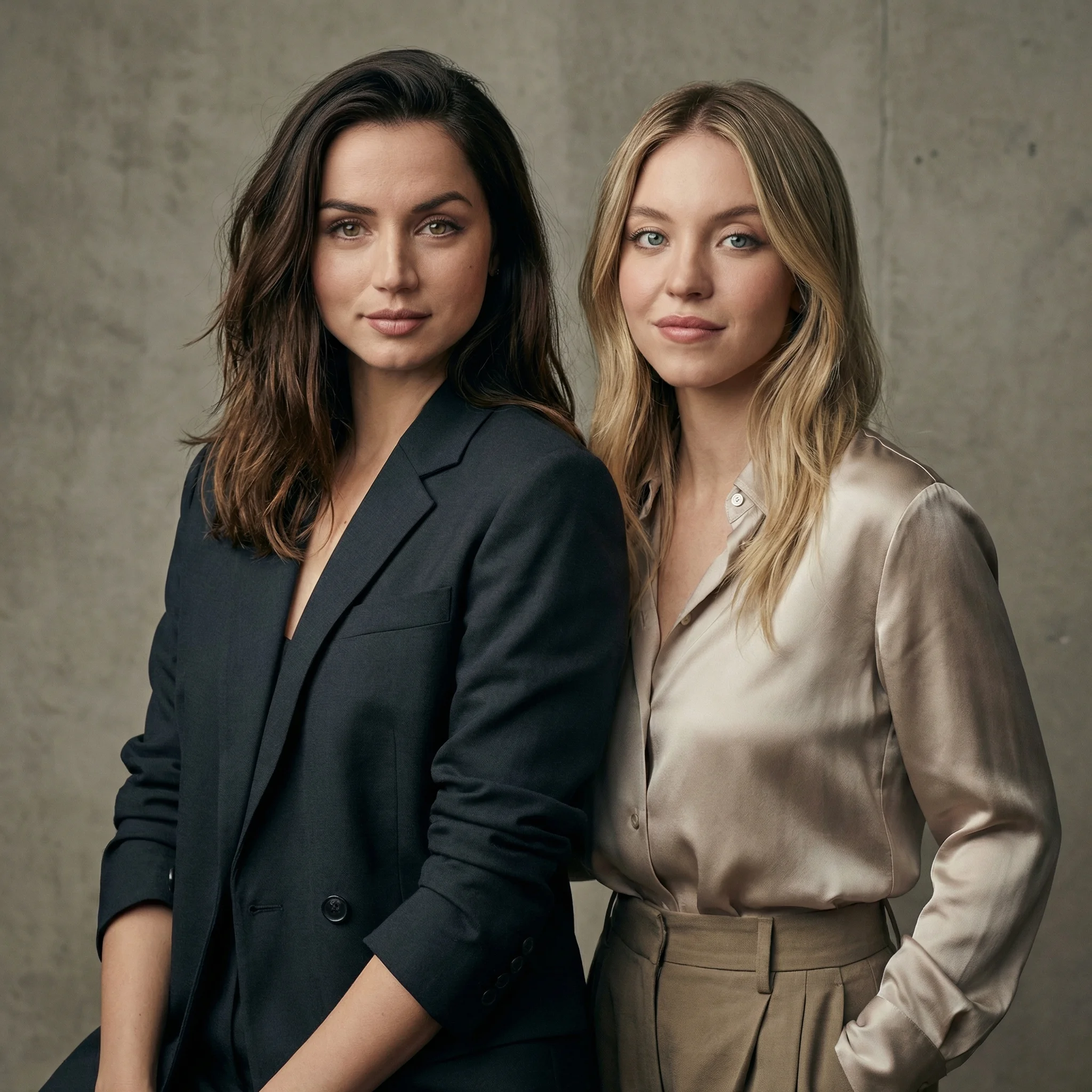 Fashion photography portrait of Ana de Armas and Sydney Sweeney in iconic duo pose, casually breaking the internet with high-detail aesthetic