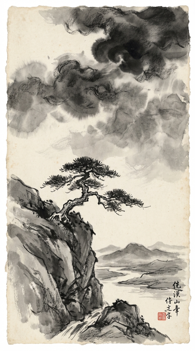 Traditional Chinese ink wash painting of beautiful subject with high-contrast background of soft grey watercolor washes and dark stormy clouds, expressive ink wash and charcoal sketch style with varying brush stroke thicknesses and intentional ink bleeds, minimalist yet powerful composition