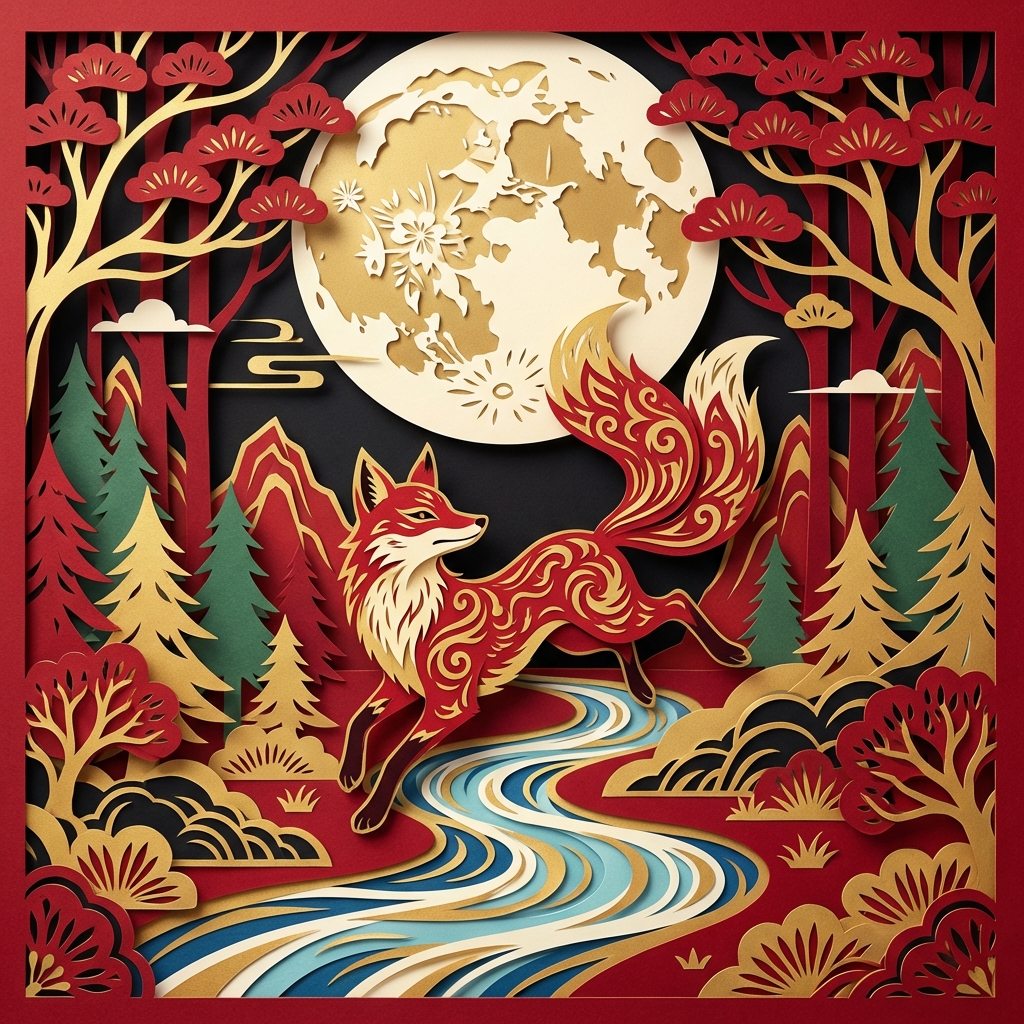 Traditional Chinese paper-cut art scene featuring a fox, moon, forest and stream in oriental layered style with intricate patterns, sharp edges, and vibrant red and gold color palette with subtle shadows creating depth