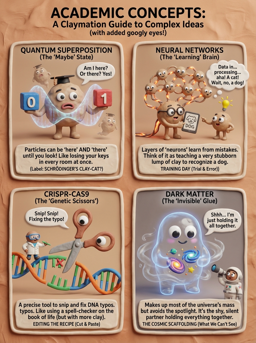 Academic infographic in distinctive claymation style with expressive clay characters featuring wide mouths and googly eyes explaining concepts with professional humor, clean structured layout with PBR materials