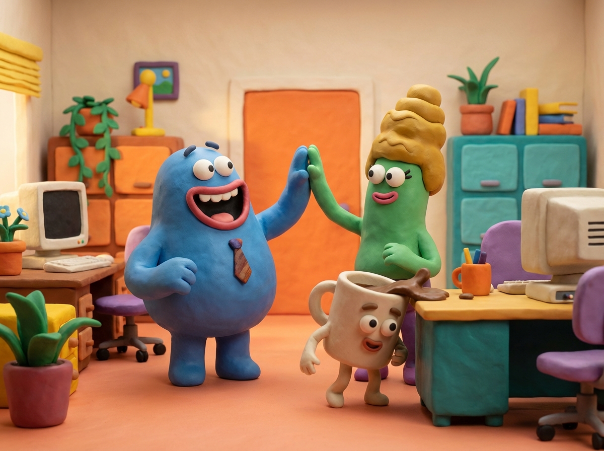 Group of diverse claymation characters with expressive faces and googly eyes in professional office setting with warm studio lighting and handcrafted thumbprint textures