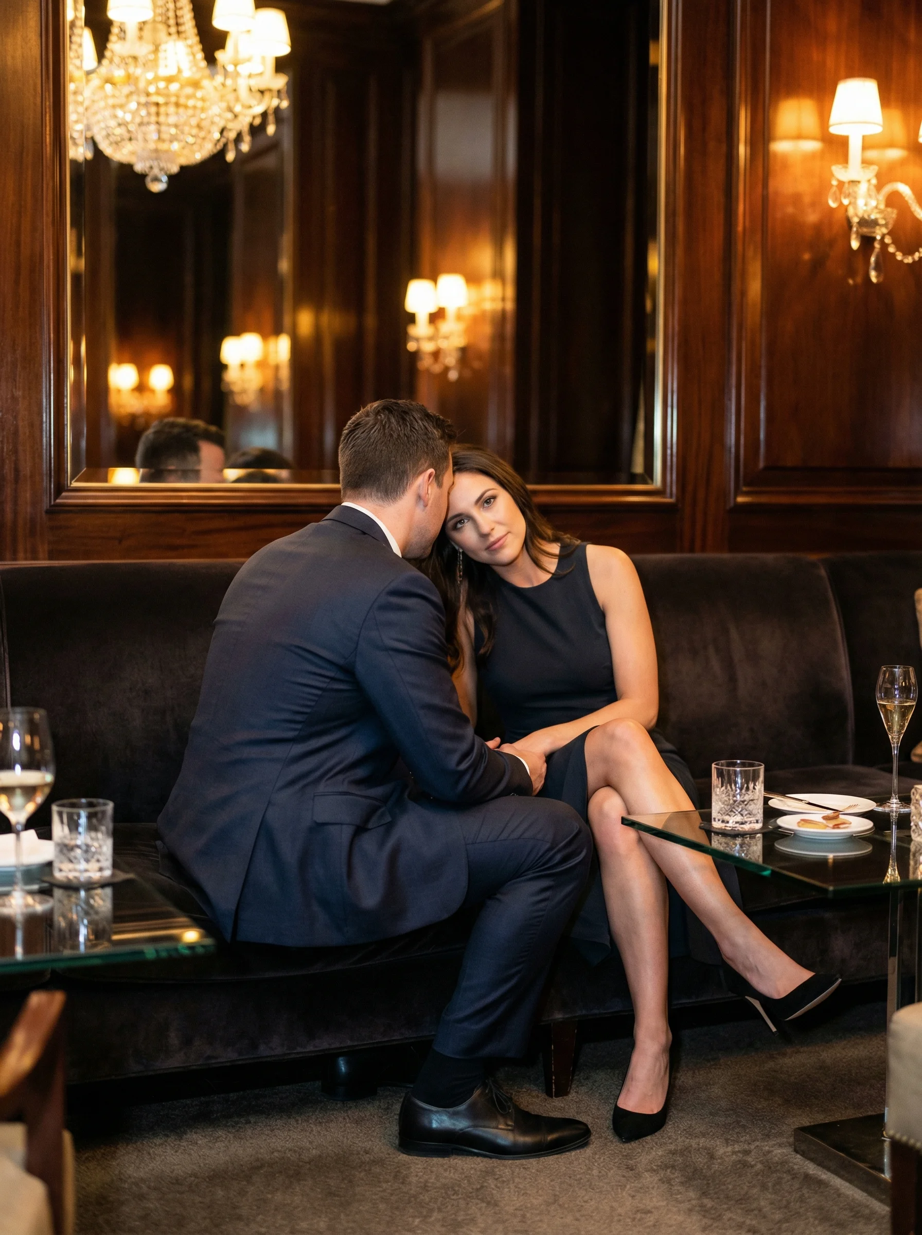 Intimate couple portrait in upscale dimly lit private lounge with warm golden bokeh lights, dark leather sofa, woman leaning toward man with crossed legs showing stilettos