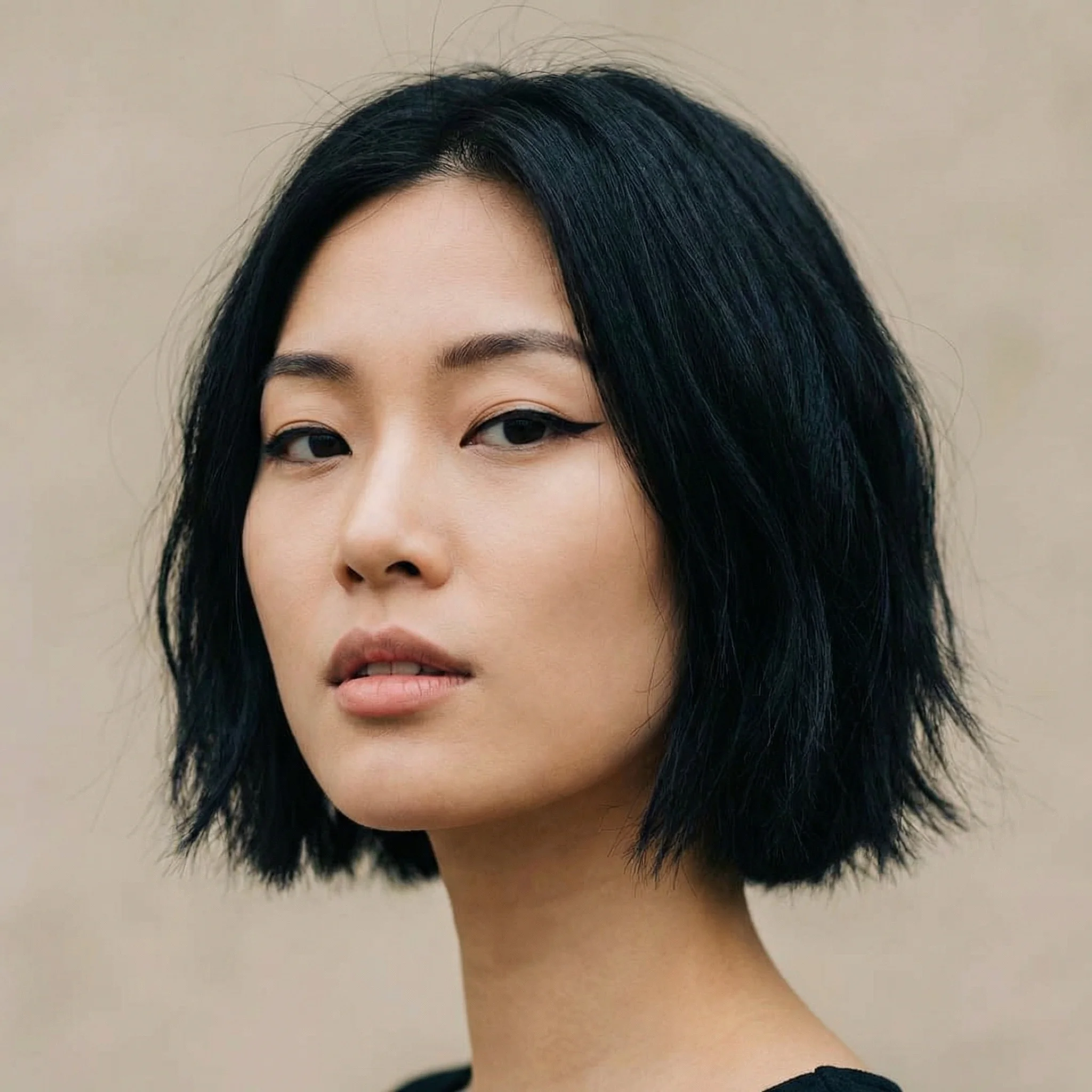 Portrait of East Asian woman with short black bob-cut hair with soft texture, sharp winged eyeliner, delicate facial structure, slightly parted natural lips, focused expression