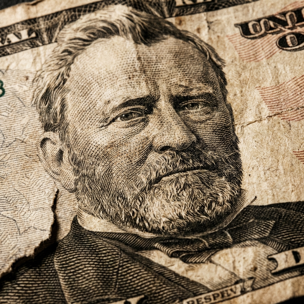 Macro shot of engraved portrait on old weathered paper bill with intricate line work ink bleeding and paper fiber textures, dramatic raking lighting, sepia tones vintage historical feel