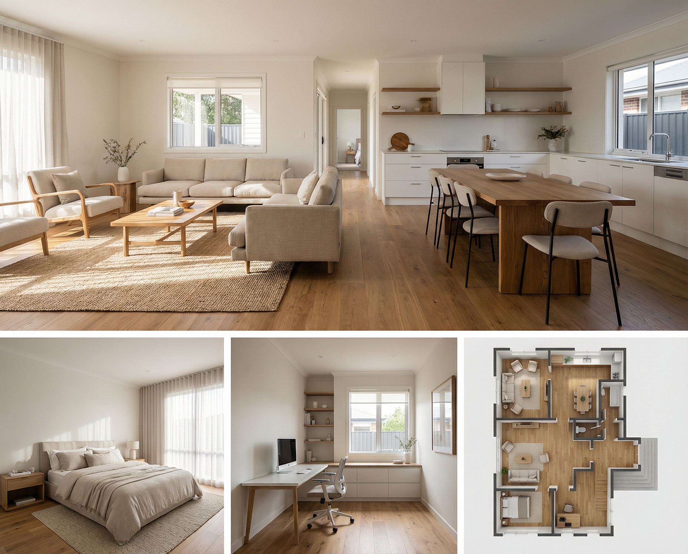 Professional interior design presentation board collage with living room perspective view, master bedroom, home office, and 3D floor plan in modern minimalist style with warm oak flooring