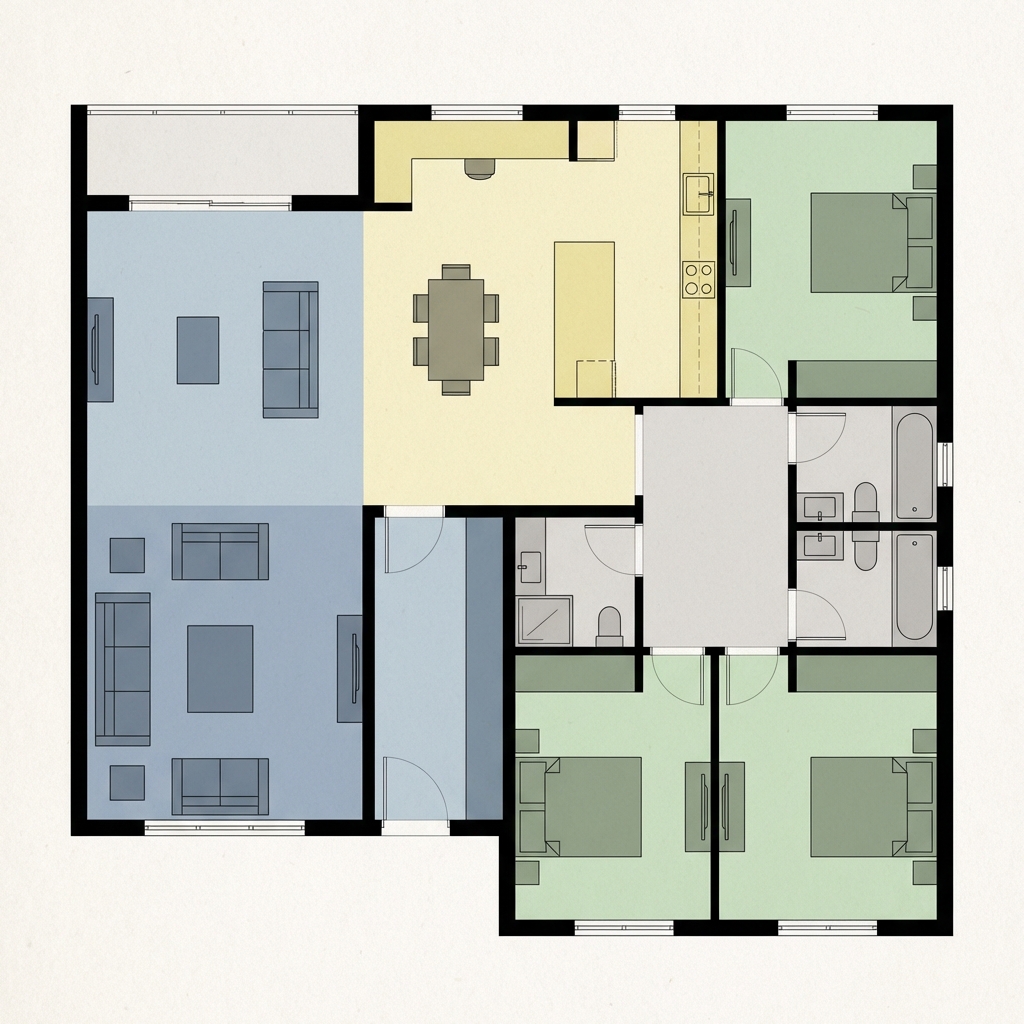 Professional 2D floor plan architectural drawing in modern style with furniture symbols and color-coded zones in top-down view