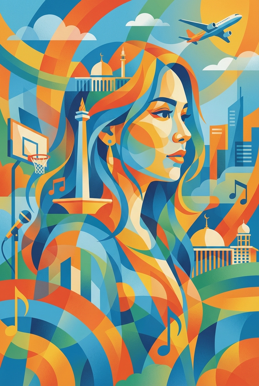 Dynamic geometric vector collage illustration with female portrait blending Jakarta landmarksIstql Mosque Monas sports equipment clouds skylines flowing geometric shapes bright saturated colors blue orange red yellow green busy layered energetic pop art style