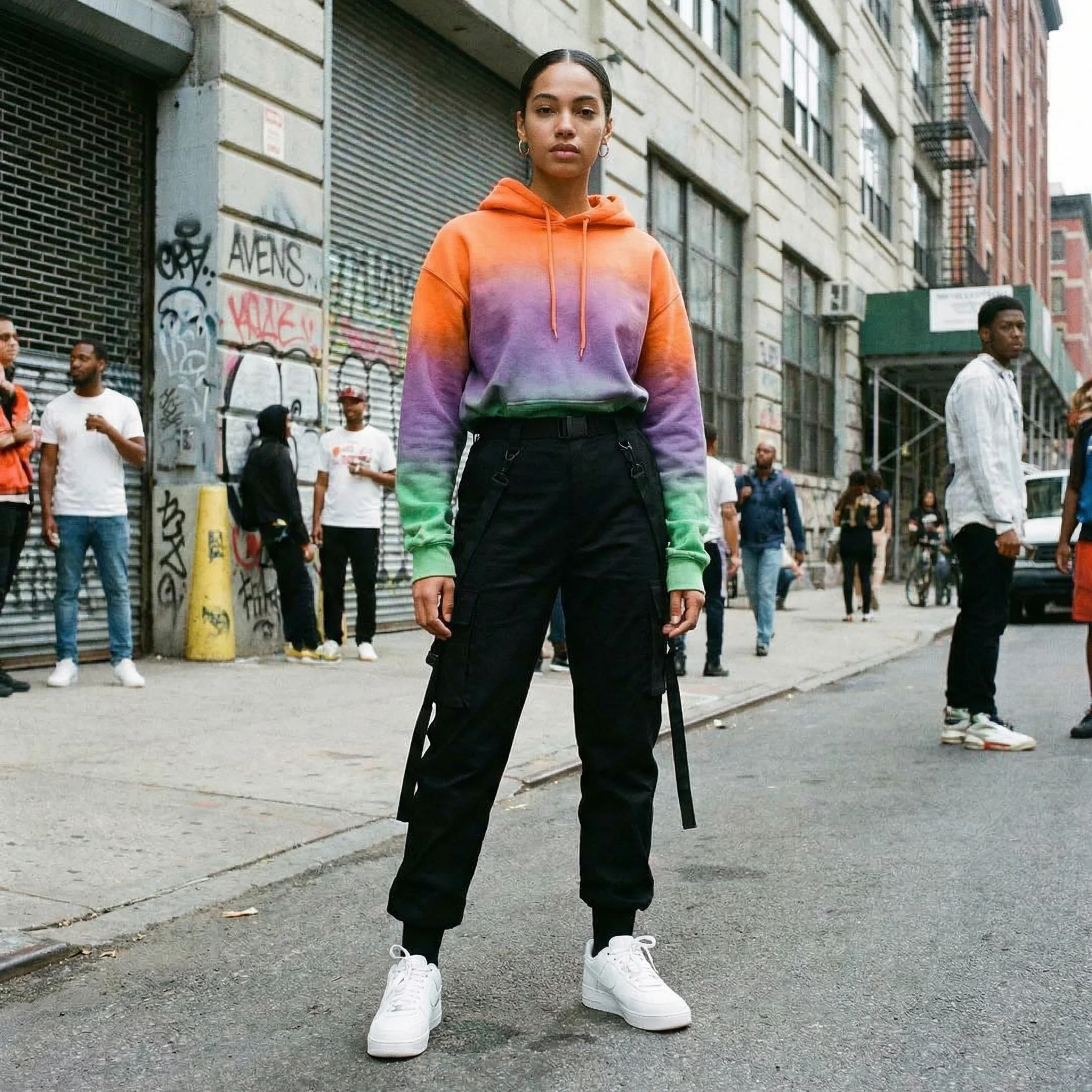 Stylish urban fashion photograph with oversized gradient hoodie transitioning orange to purple to green, black cargo pants and white sneakers