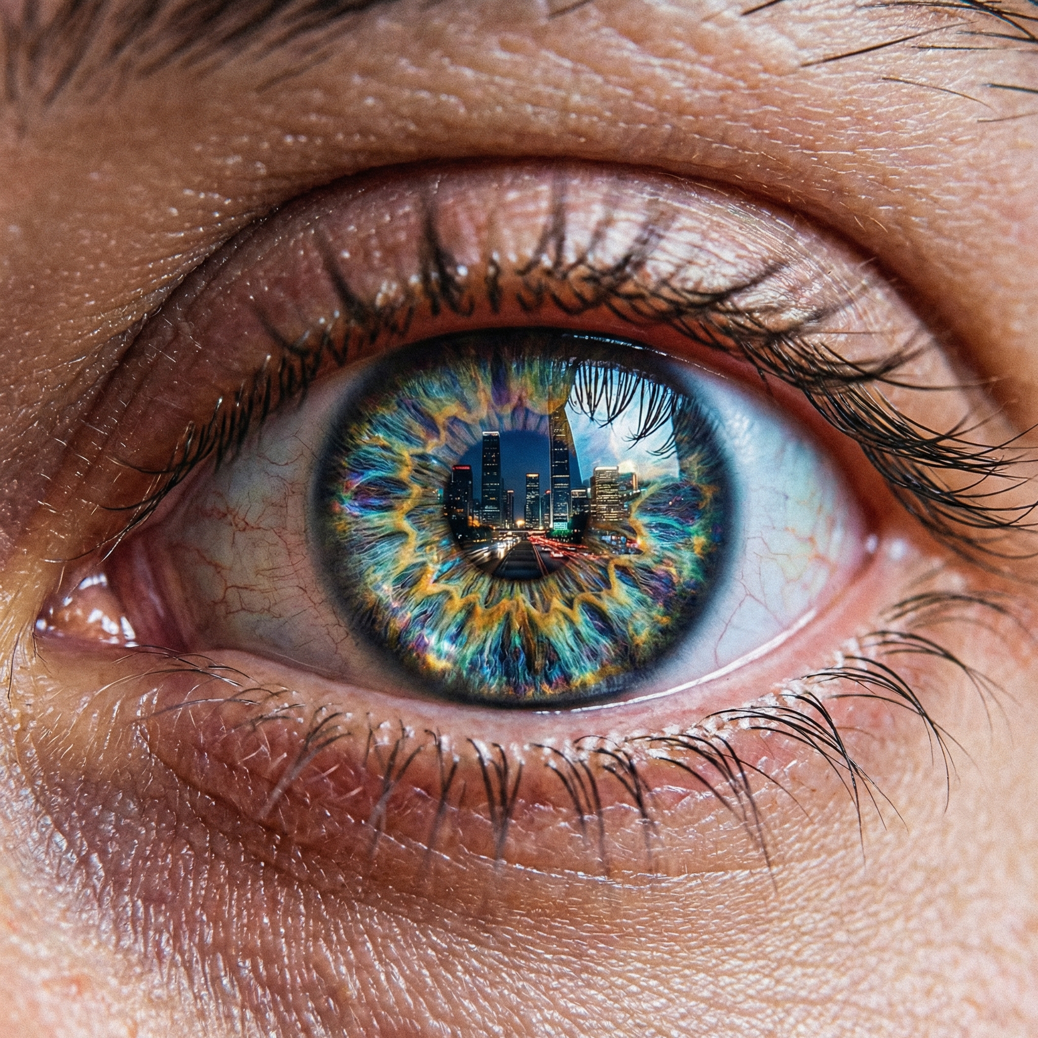 Extreme close-up macro shot of human eye with complex iridescent iris reflecting night cityscape, highly detailed skin texture