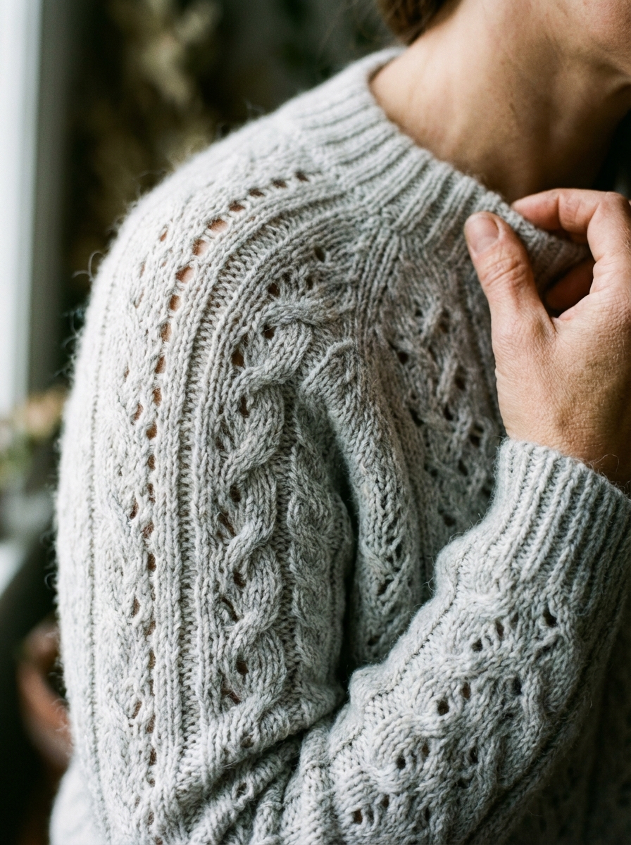 Close-up portrait of subject wearing light grey knitted sweater with intricate open eyelet knit pattern, soft tactile yarn texture, complex knitting patterns, natural soft lighting emphasizing physical relief and depth
