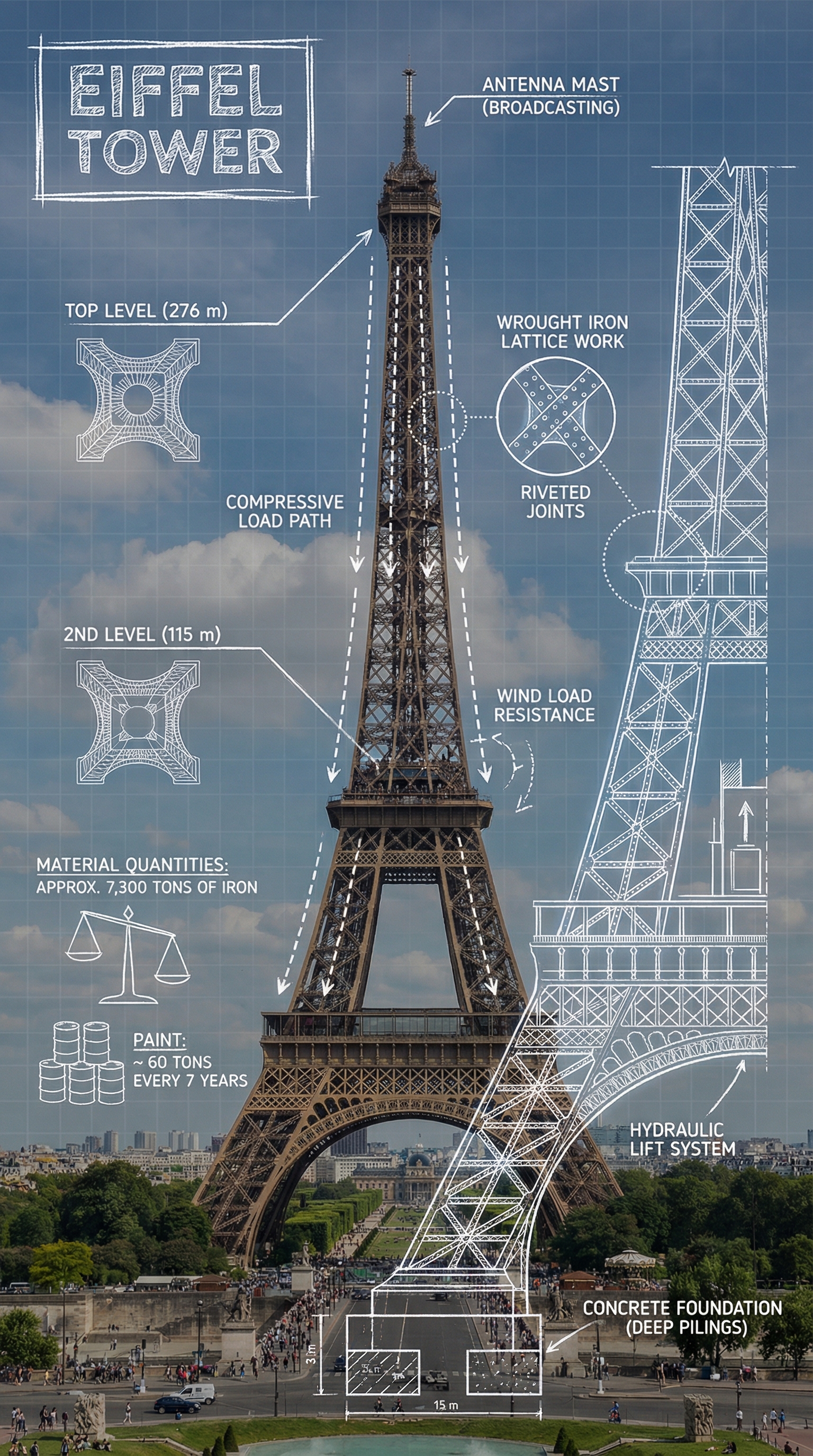 Blueprint-style infographic of landmark with technical annotations, measurements, cross-sections and architectural diagrams overlaid on photograph