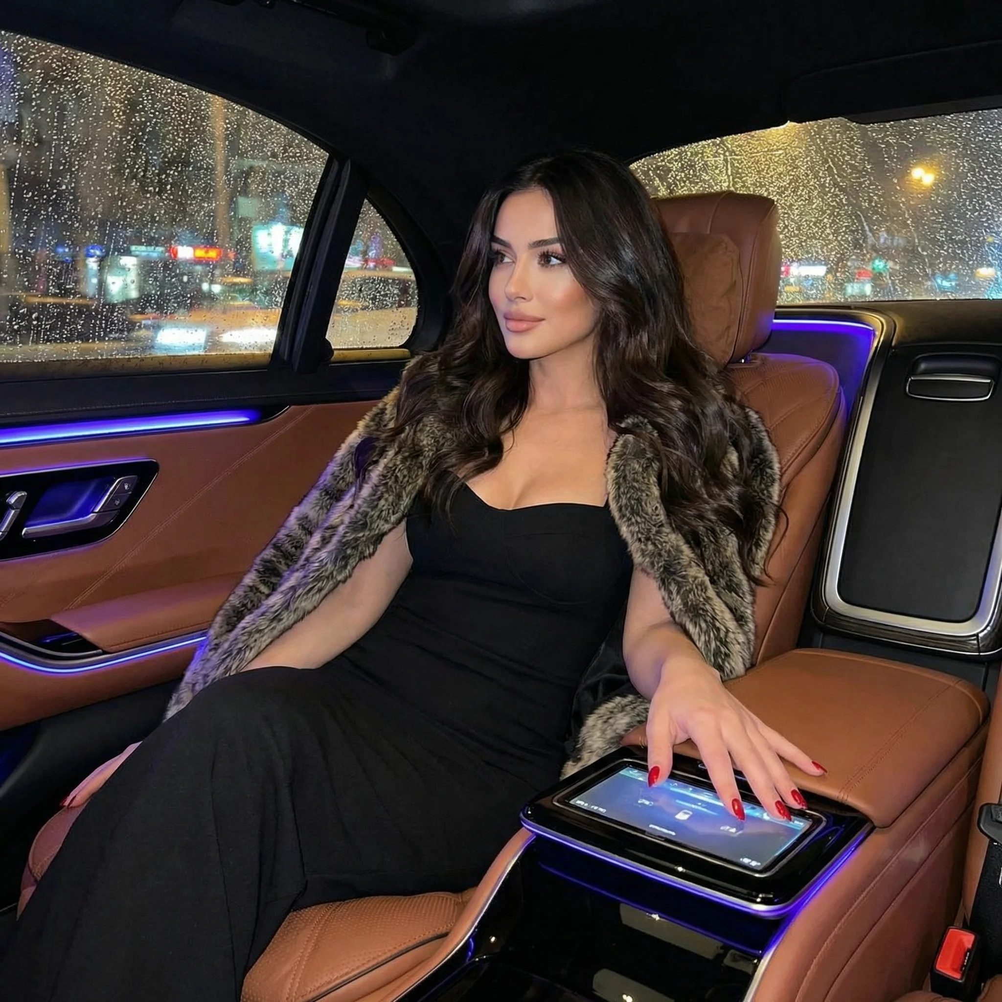 Glamorous woman in black evening dress and faux-fur jacket seated in luxury car at night with ambient LED lighting and blurred city lights
