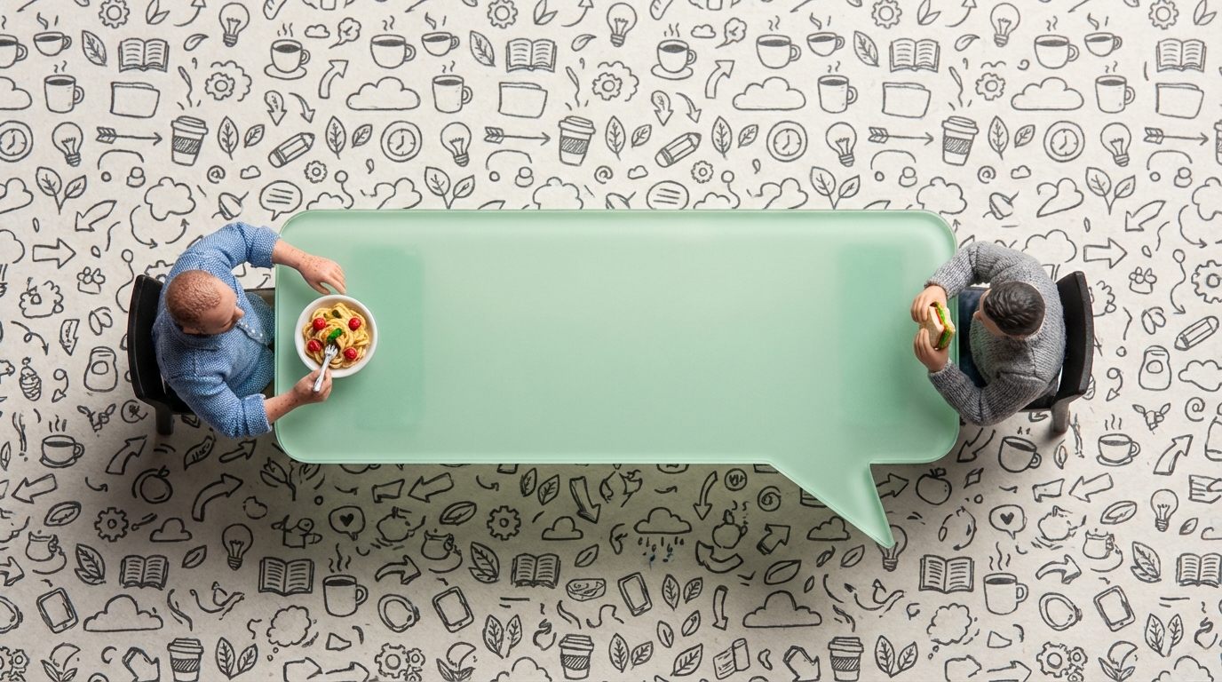 Hyper-realistic top-down macro photography showing two tiny humans sitting at opposite ends of light green speech bubble table eating food, dense grey doodle pattern background, ultra sharp 8k detail