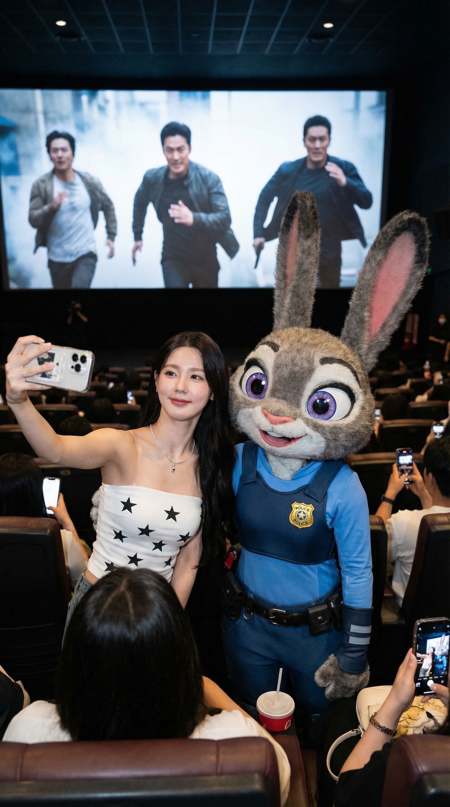 Beautiful Korean woman Miyeon taking a selfie with Disney Judy Hopps in a dark crowded movie theater with cinematic lighting, photorealistic 8K style