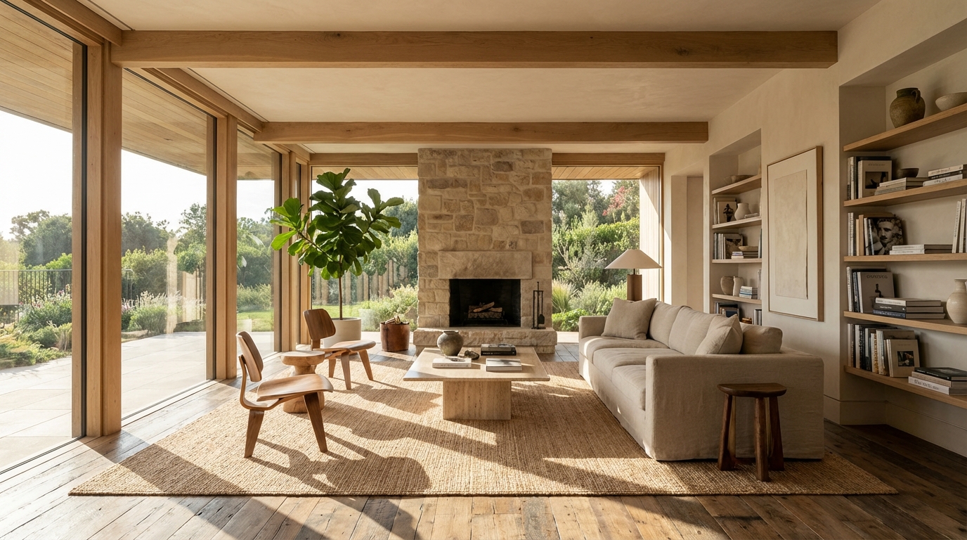 Modern sunlit living room interior with photorealistic architectural digest style, natural materials and high detail 8k resolution wide angle view