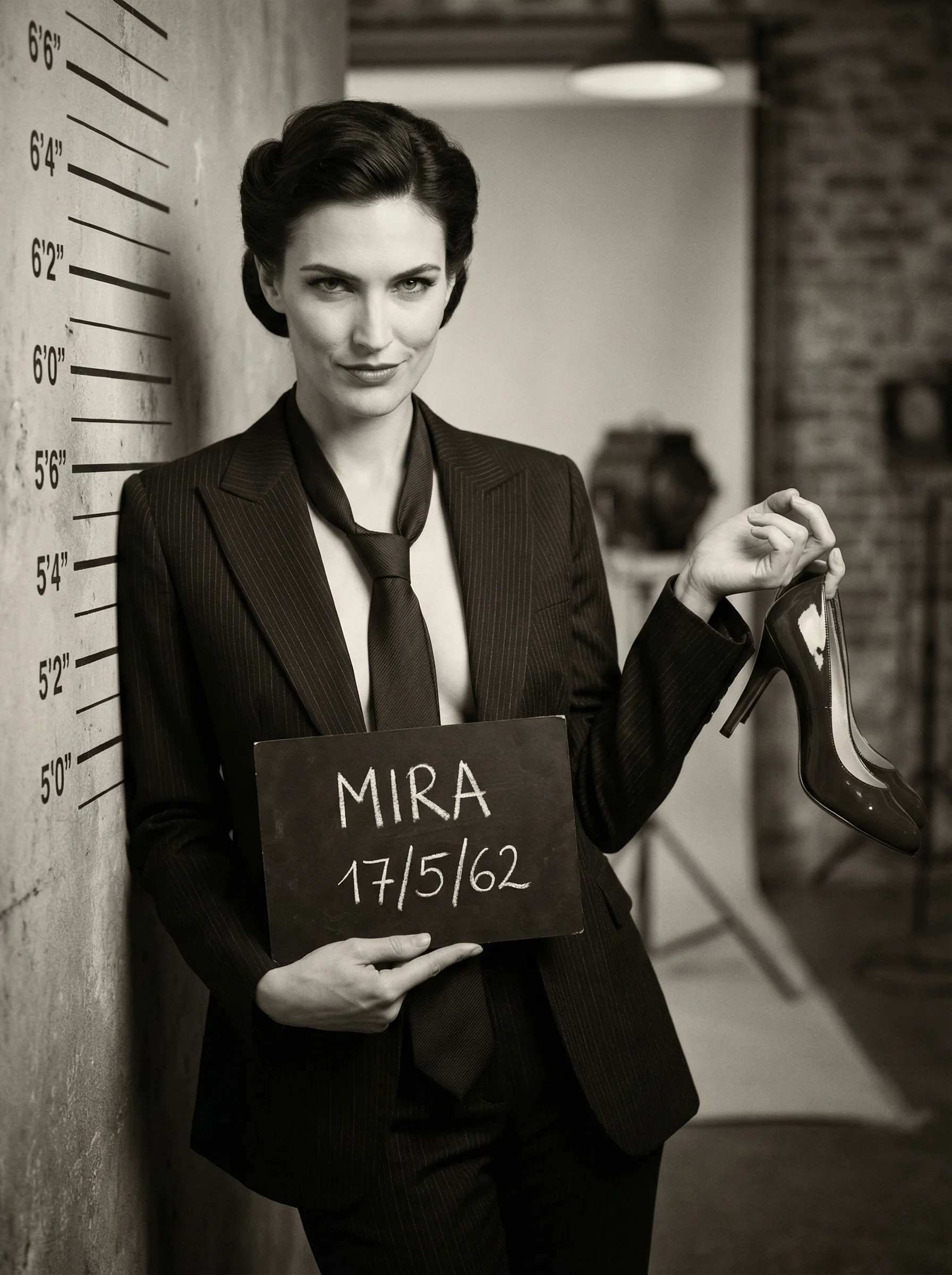 Hyper-realistic vintage mugshot style portrait of woman in dark pinstripe suit holding height chart board with shoe in hand, sepia-toned archival aesthetic