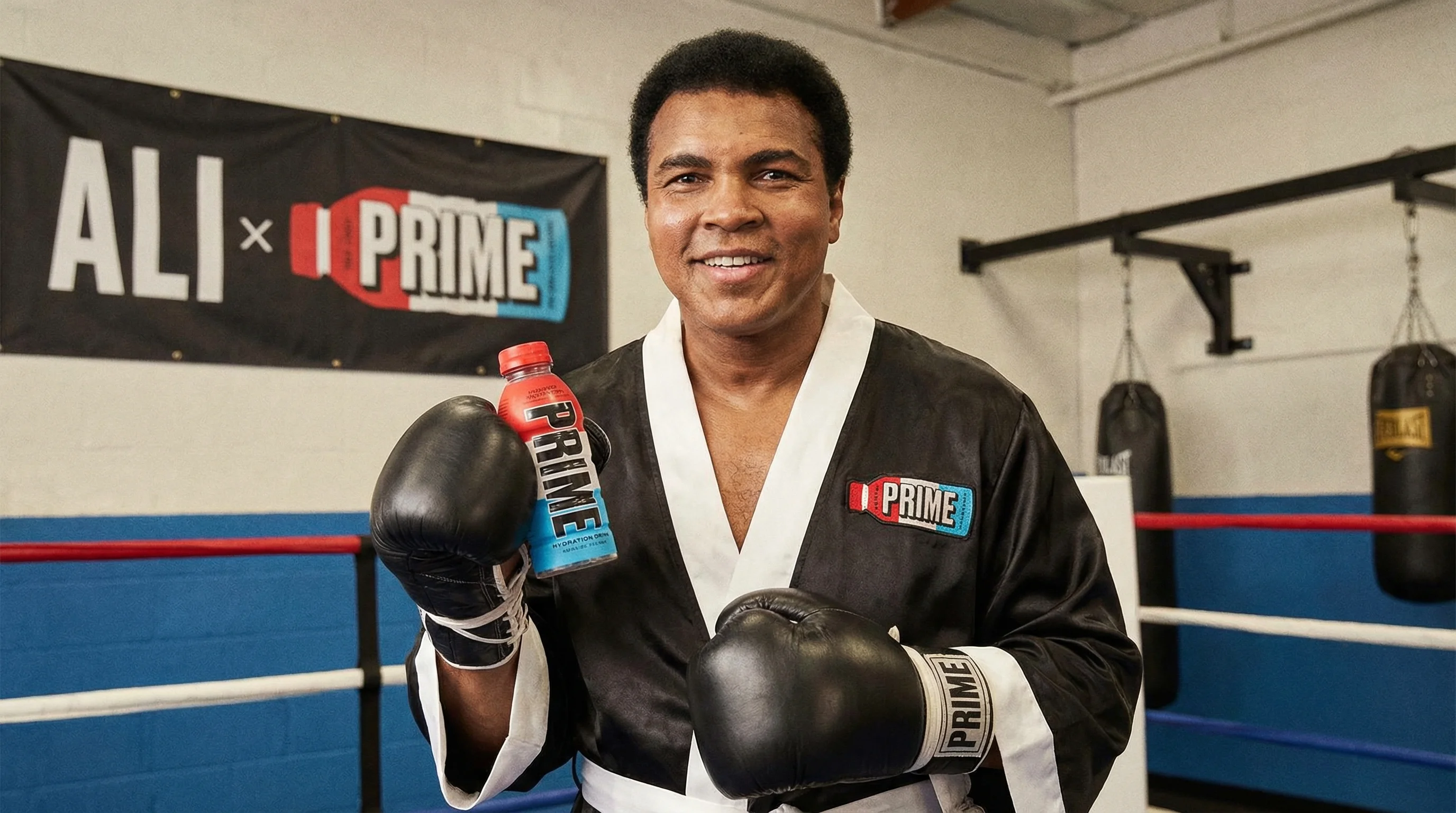 Sports celebrity endorsement portrait of legendary boxer Muhammad Ali sponsored by Prime hydration drink