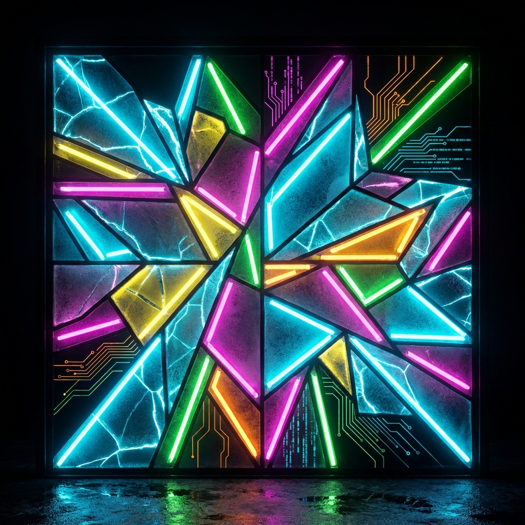 Neon glow art-style geometric stained glass composition with sharp angular shapes and vibrant glowing edges simulating futuristic electrified version of traditional stained glass, high contrast deep black backgrounds with intense saturated colors and luminous backlit effect