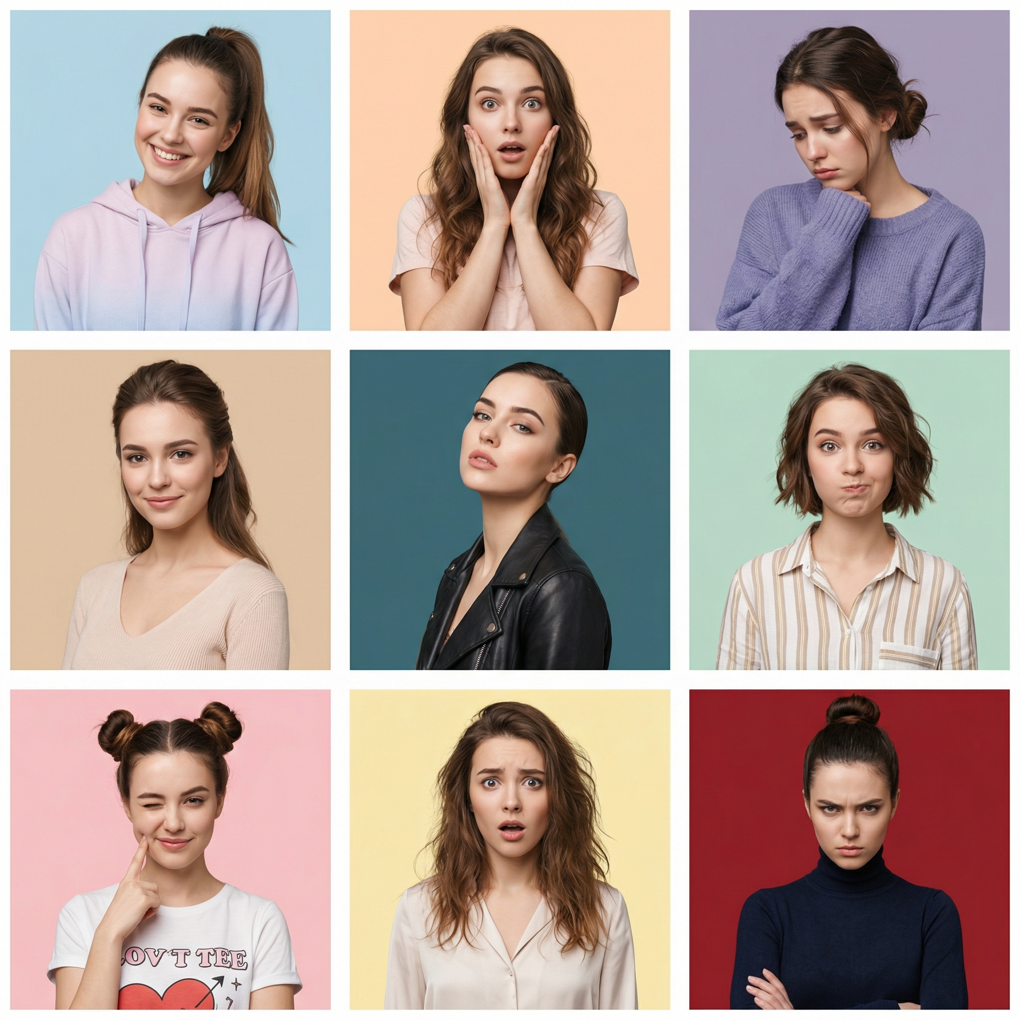 3x3 grid collage of nine photorealistic portrait expressions including joyful, surprised, sad, tender, daring, playful, charming, shocked, and furious with consistent facial identity