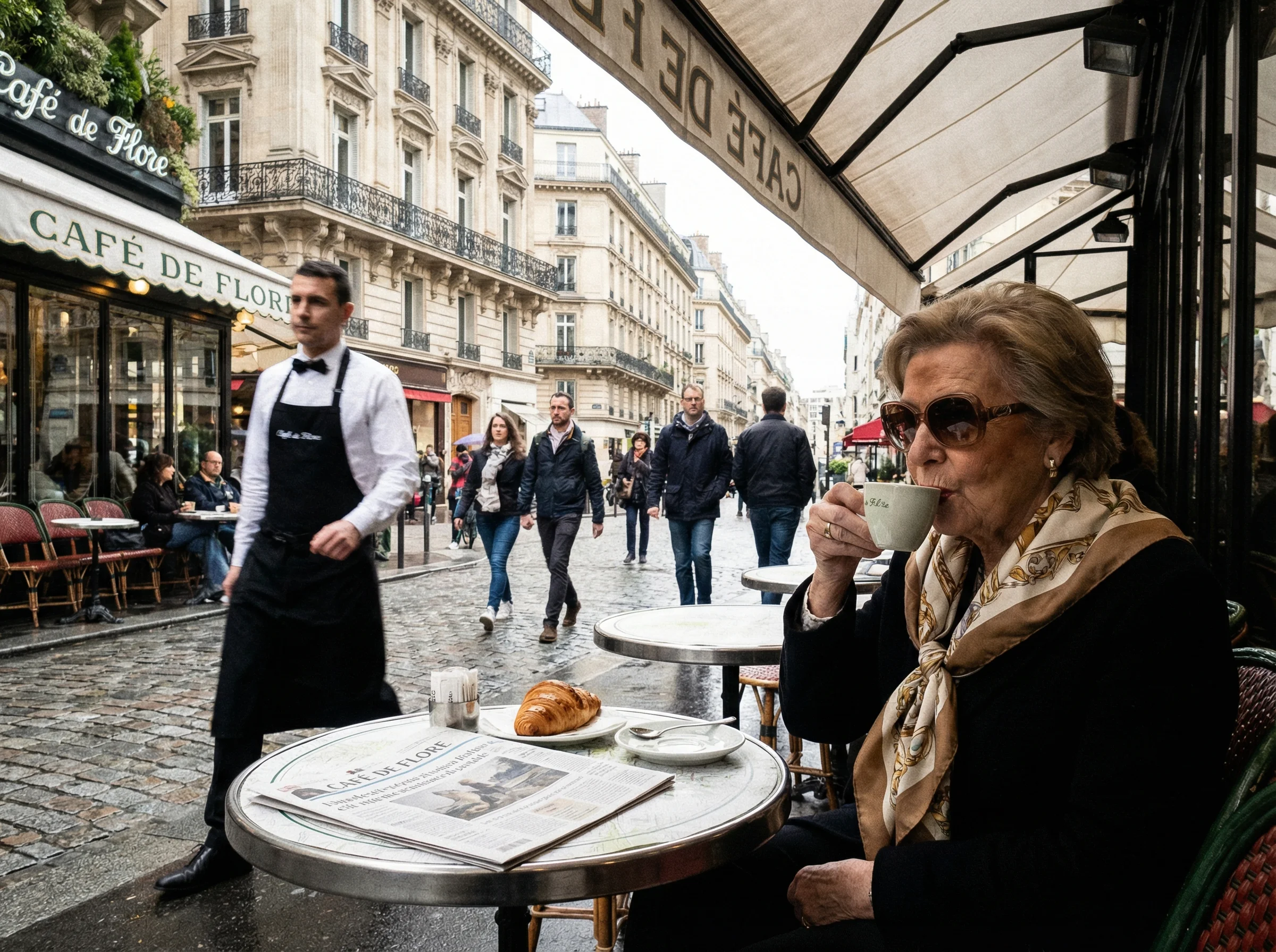 Street photography of older woman with sunglasses and scarf sipping coffee at Parisian cafe terrace with blurred pedestrians and classic Haussmann buildings