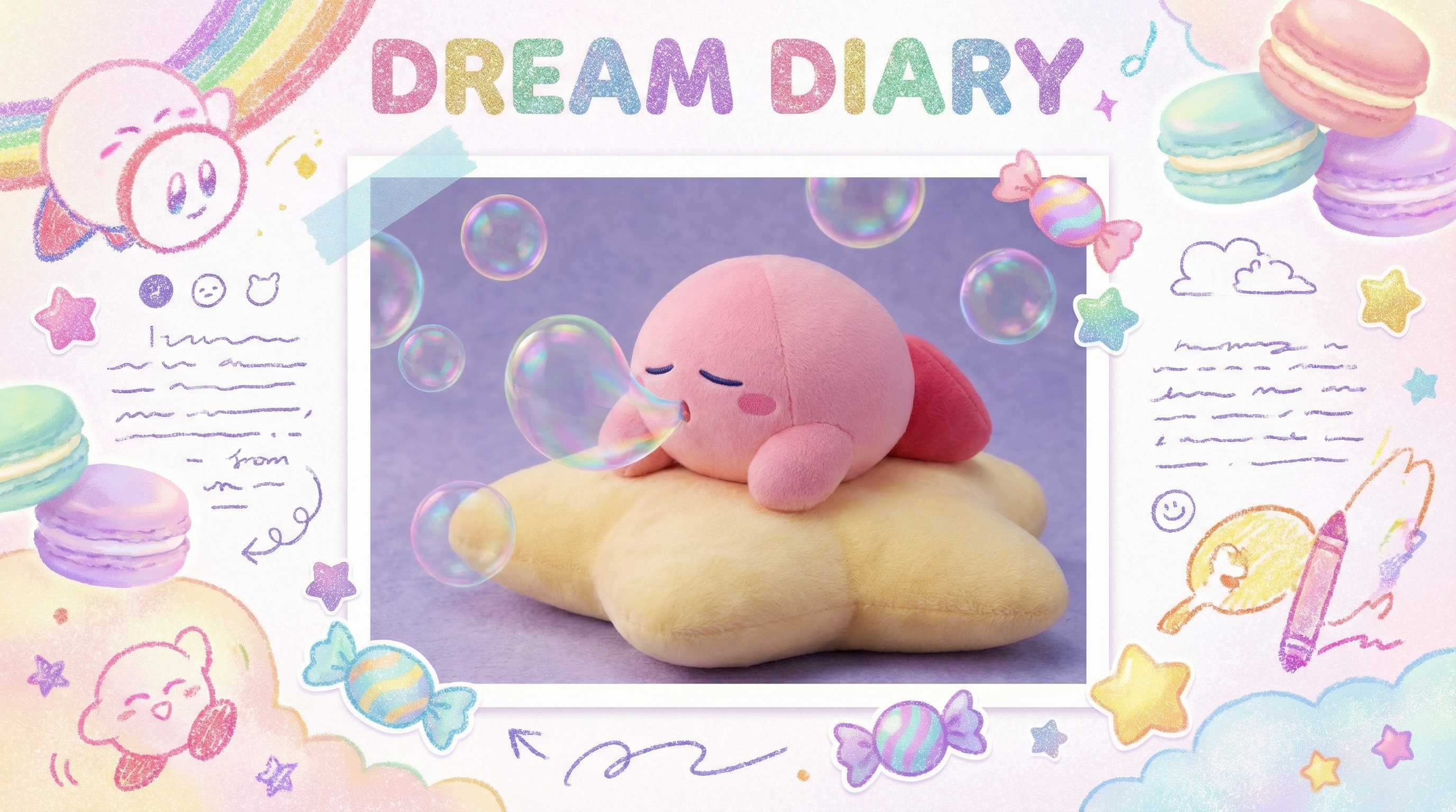 Cute pink Kirby character sleeping peacefully on a star, blowing rainbow-colored bubbles, soft macaron pastel colors with cloud and candy stickers, glittery crayon-style dreamy illustration