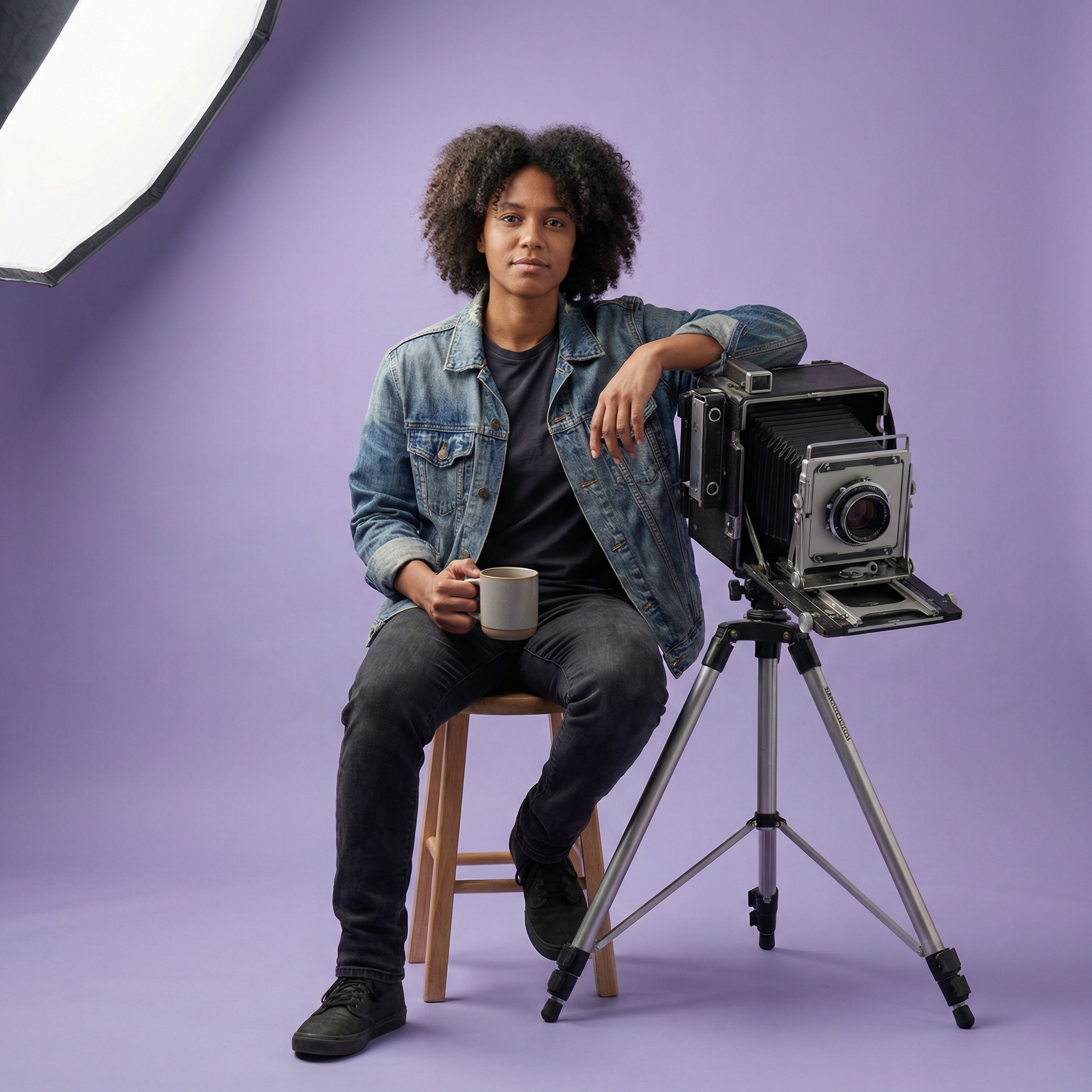 Hyper-realistic full-body portrait of person sitting beside oversized camera prop holding cup against minimal lavender studio background with soft cinematic lighting